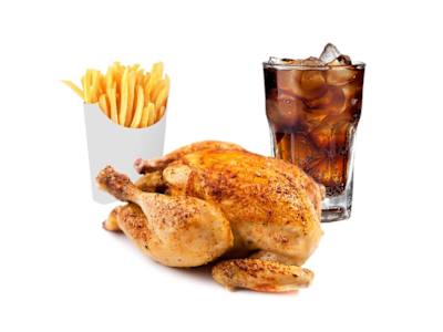 Menú Pollo Asado, Patatas Fritas y Bebida, 2L