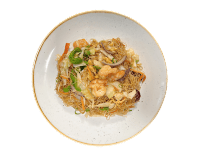 Fideos fino de arroz con tres delicias
