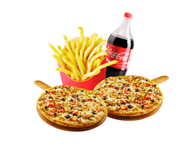 2 Pizzas Grandes + Bebida 2lt +Patatas
