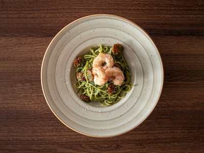 Spaghetti Gambón al Pesto