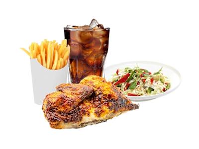 Plato de medio pollo con patatas fritas y ensalada