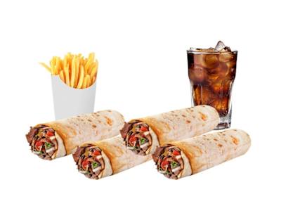 Menú 4 con 4 dúrums normales, 3 cajas de patatas fritas y 2 latas de refresco