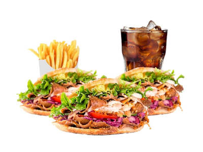3 panes de pita, 1 caja de patatas fritas y refresco de 2 L