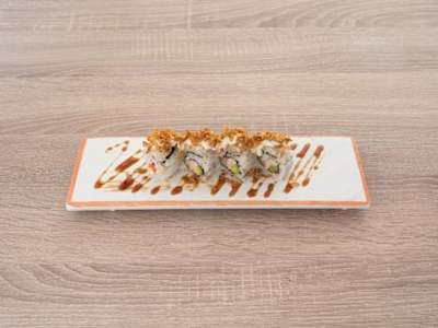 Uramaki de Aguacate Palito, Cangrejos, Mayones y Cebolla Frita