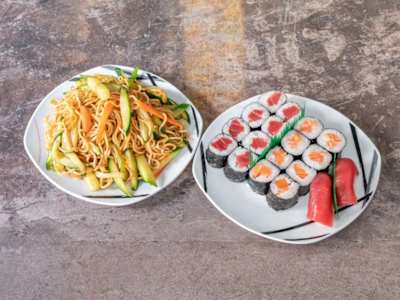 Tallarines Finos Salteados + Sushi de Atún + Maki de Salmon + Maki Atún