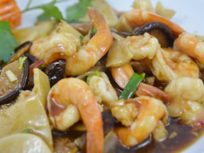 Langostinos con Bambú y Setas