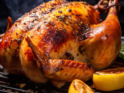 Pollo Asado Entero con salsa y batatas fritas y almendras