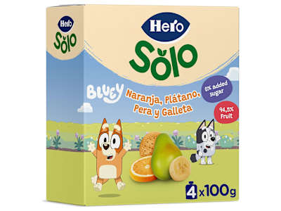 Puré de naranja, plátano, pera y galleta Hero bolsa 4 x 100 g