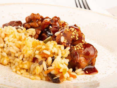 Pollo salsa Teriyaki arroz con verduras