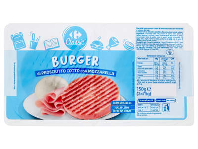 Carrefour Classic Burger di Prosciutto Cotto con Mozzarella 2 x 75 g