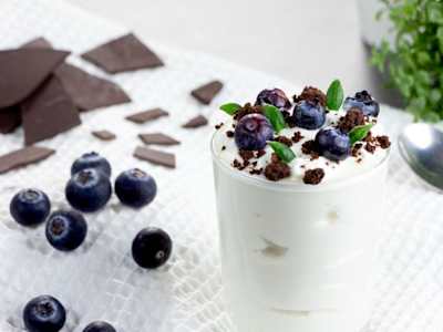 Yogurt greco artigianale light con mirtilli e crumble al cacao