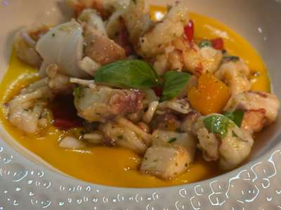 Insalata di Mare Tiepido con passatina di zucca mantovana