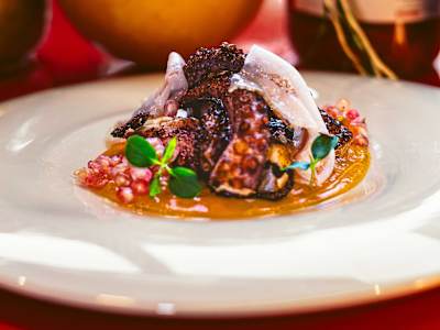 Polpo Scottato, Crema di Zucca Mantovana, Lardo di Suino Nero dei Nebrodi e Melograno