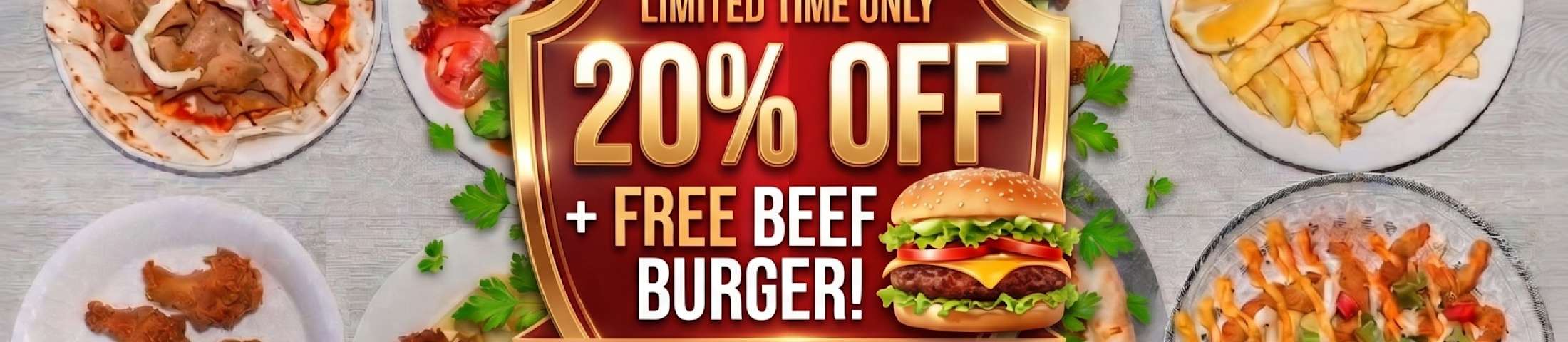 Limited time only 20% OFF + free beef burger