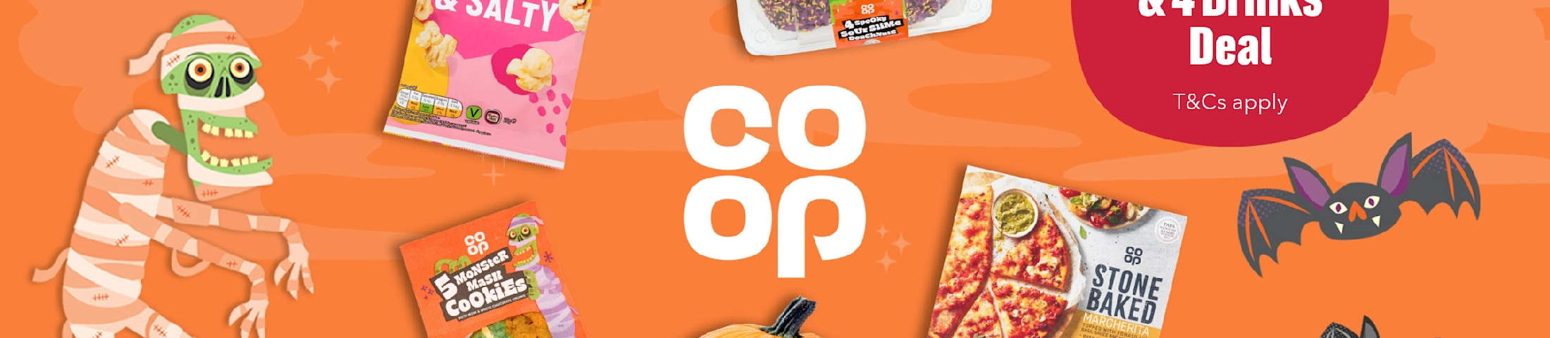 2 pizzas, 1 side & 4 drinks deal, T&Cs apply. Co-op