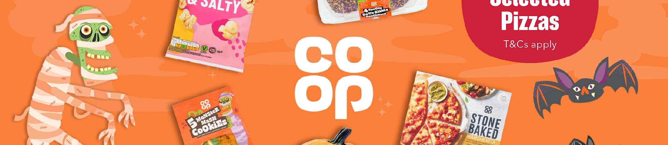 50% off selected pizzas, T&Cs apply. Co-op.