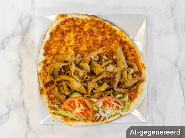 Turkish pizza with cheese and lamb shawarma