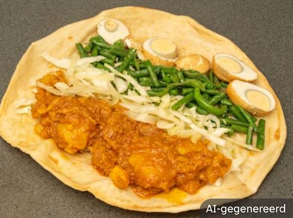Vegan roti roll with potato, green bean, pointed cabbage, and egg