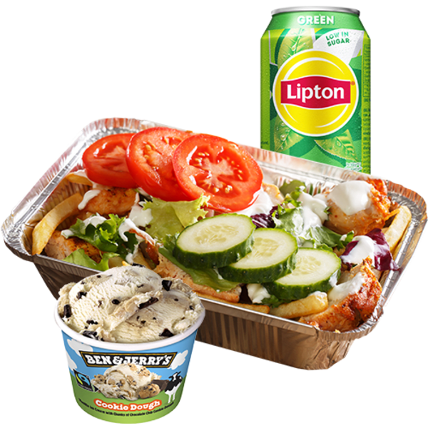 Large chicken döner kapsalon with Ben & Jerry's and Lipton