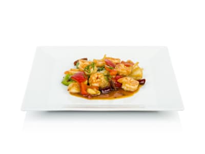 Langostinos Salteados con Verduras