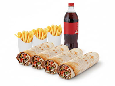 Menú 6 con 6 dúrums normales, 3 cajas de patatas fritas y 1 botella de 2l de refresco