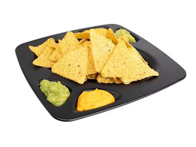 Nachos con salsa cheddar y guacamole