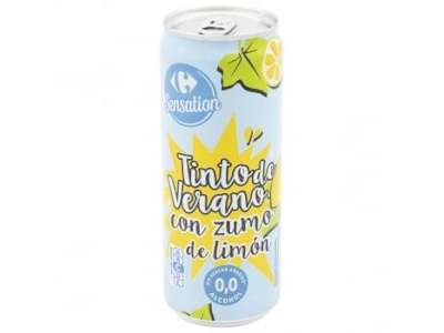 Tinto de verano Carrefour Sensation con zumo de limón sin alcohol y sin azúcar añadido lata 33 cl.