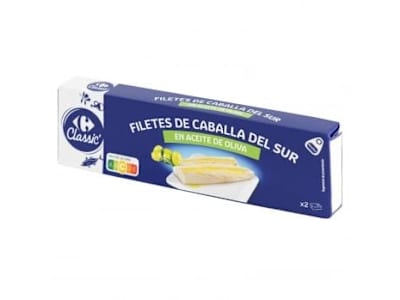 Filetes de caballa del Sur en aceite de oliva Classic Carrefour pack de 2 unidades de 65 g.