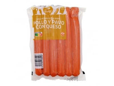 Salchichas cocidas de pollo y pavo con queso ahumadas Carrefour Classic sin gluten 200 g.