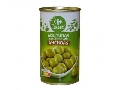 Aceitunas verdes rellenas de anchoa Classic Carrefour 150 g.