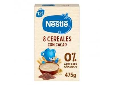 Papilla infantil desde 12 meses 8 cereales con cacao Nestlé sin azúcar añadido 475 g.