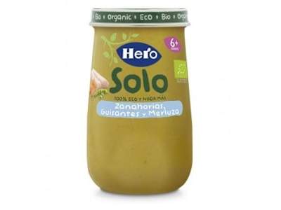 Tarrito de zanahorias, guisantes y merluza desde 6 meses ecológico Hero Solo sin gluten 190 g.