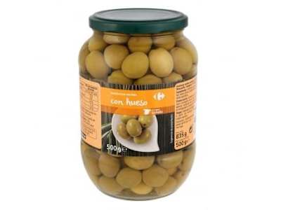 Aceitunas verdes manzanilla con hueso Carrefour 500 g.