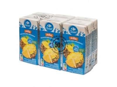 Bebida de piña Carrefour Classic sin azúcar pack de 6 briks de 20 cl.