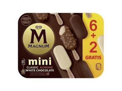 Mini bombón helado clásico, almendras y chocolate blanco Magnum sin gluten 6 ud.