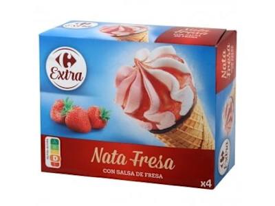 Conos con helado de nata y fresa con salsa de fresa Carrefour 4 ud.