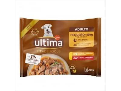 Comida húmeda en salsa de pollo y buey para perro adulto mini Ultima 4x100 g.