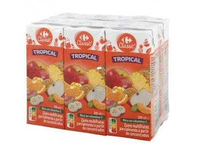 Zumo tropical Carrefour pack de 6 briks de 20 cl.
