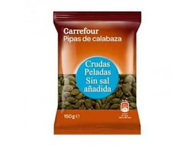 Pipas de calabaza crudas y peladas Carrefour sin sal añadida 150 g.