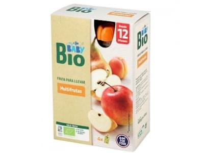 Bolsita de multifrutas desde 12 meses ecológico My Carrefour Baby Bio sin gluten y sin azúcar añadido pack de 4 unidades de 100 g.