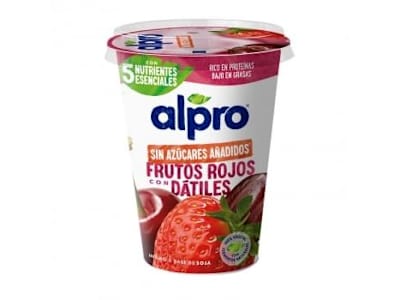 Preparado de soja sabor frutos rojos con dátiles sin azúcar añadido sin gluten y sin lactosa Alpro 400 g.