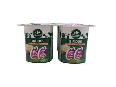 Bífidus desnatado con muesli y cereales Classic´ Carrefour sin azúcar añadido pack de 4 unidades de 125 g.