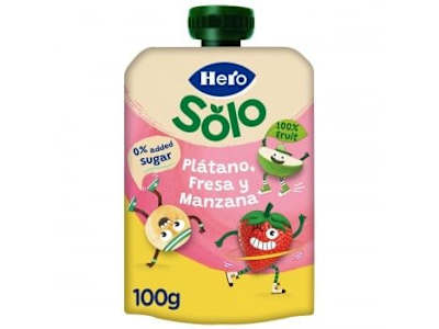 Bolsita de plátano, fresa y manzana Hero Solo sin gluten 100 g.