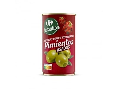 Aceitunas verdes rellenas de pimientos asados Sensation Carrefour 150 g.
