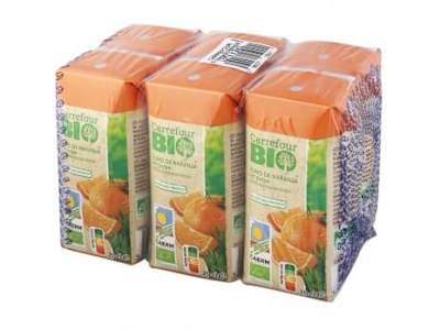 Zumo de naranja Carrefour ecológico exprimido sin pulpa pack de 6 briks 20 cl.