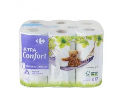Papel higiénico 3 capas ultra confort Carrefour 12 rollos.
