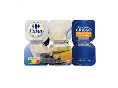 Yogur griego natural con azúcar de caña Carrefour Extra pack de 6 unidades de 125 g.