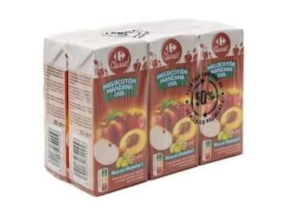 Zumo de melocotón, manzana y uva Carrefour Classic pack de 6 briks de 20 cl.