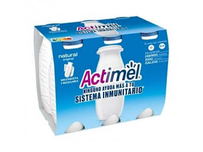 Leche fermentada líquida natural Danone Actimel sin gluten pack de 6 unidades de 100 g.