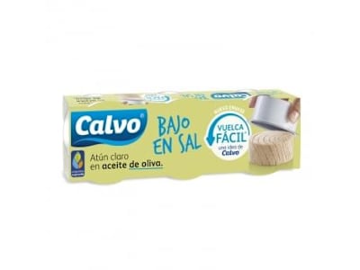 Atún claro en aceite de oliva bajo en sal Calvo pack de 3 latas de 65 g.